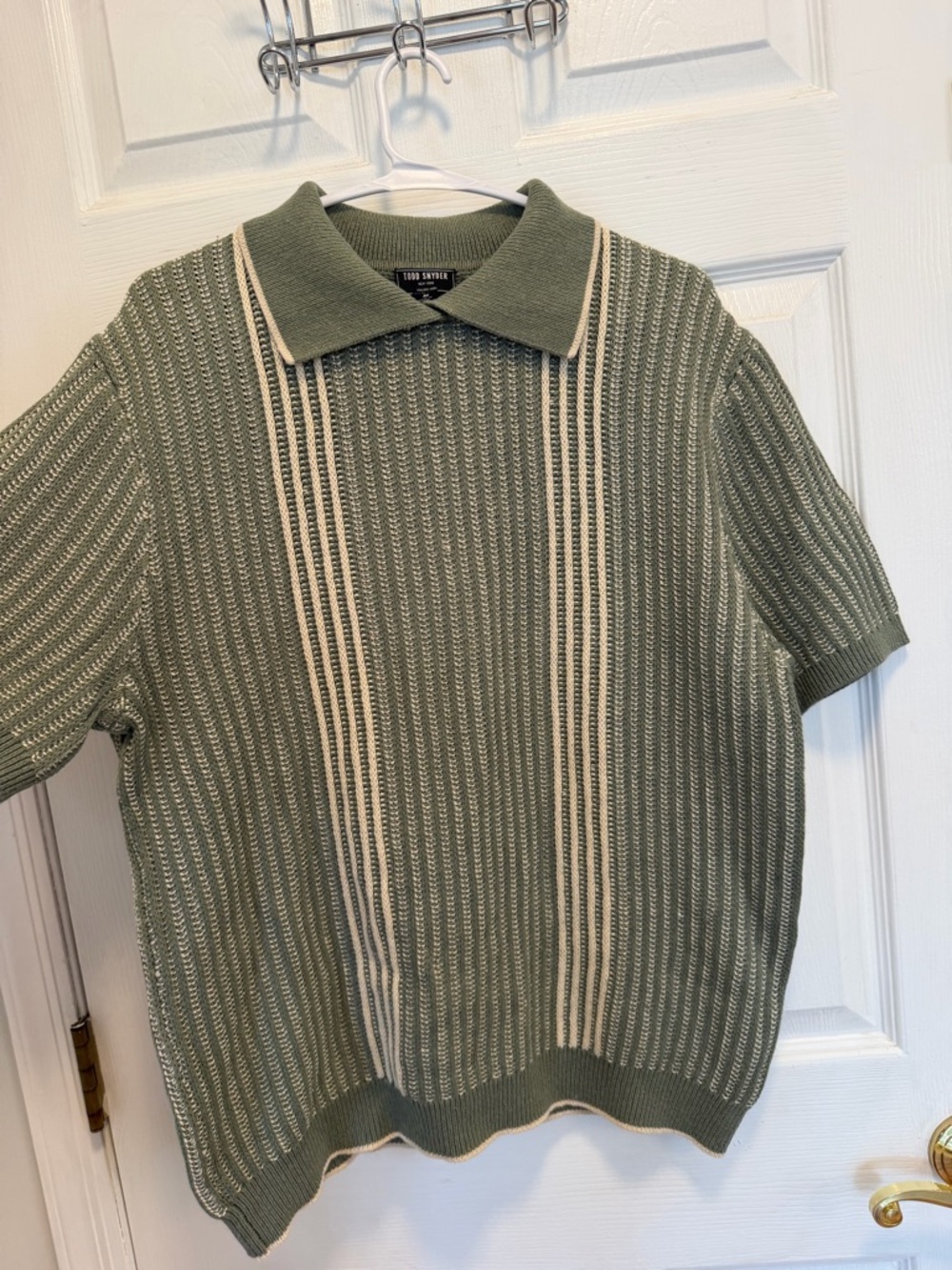 Todd Snyder Olive Green Knit Polo with Cream Stripes - Picture 2 of 8